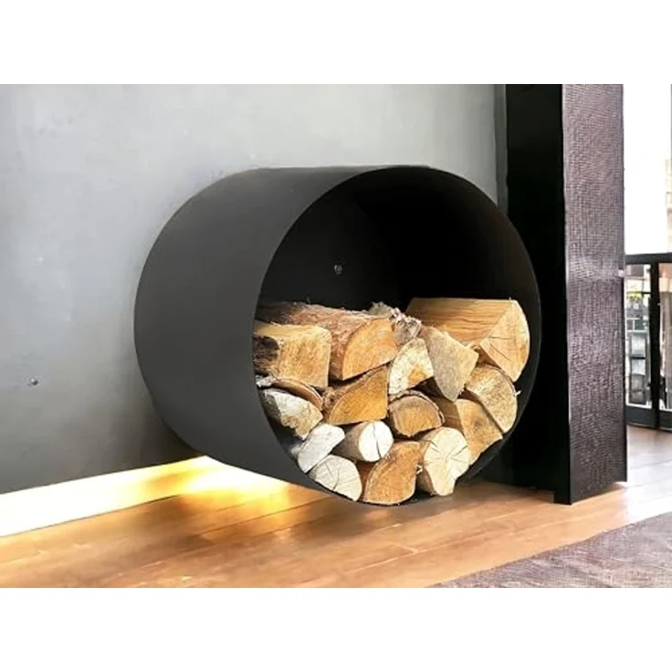 DanDiBo Kaminholzregal Innen Metall Schwarz Rund Wand 50 cm Kaminholzständer mit Rückwand 96433 Wandmontage Hängend Holzkorb Kaminholzhalter Holzregal – Bild 4
