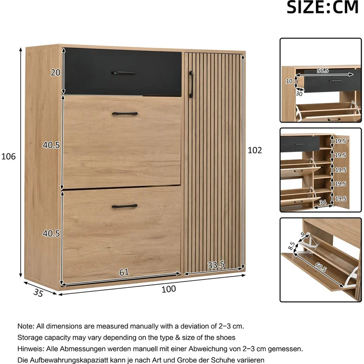 DESVIAE Garderobenschrank Schuhschrank Naturholz/Schwarz aus MDF/Spanplatte – 100x106x35 cm – 2 Schuhklappen – Bild 10