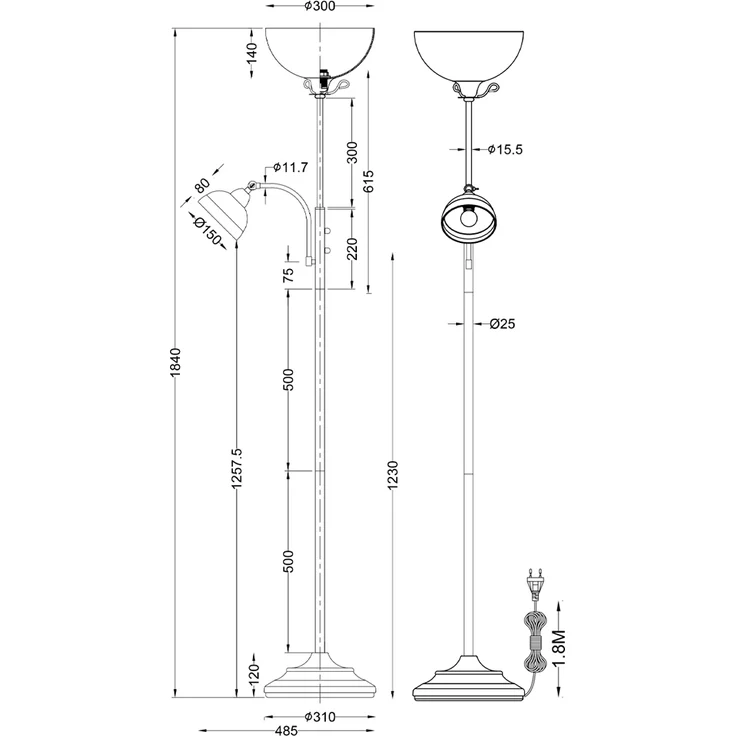 'Country' Großer Deckenfluter im Landhausstil mit Leselampe, Metall rost / weiß, Höhe: 184cm – Bild 11