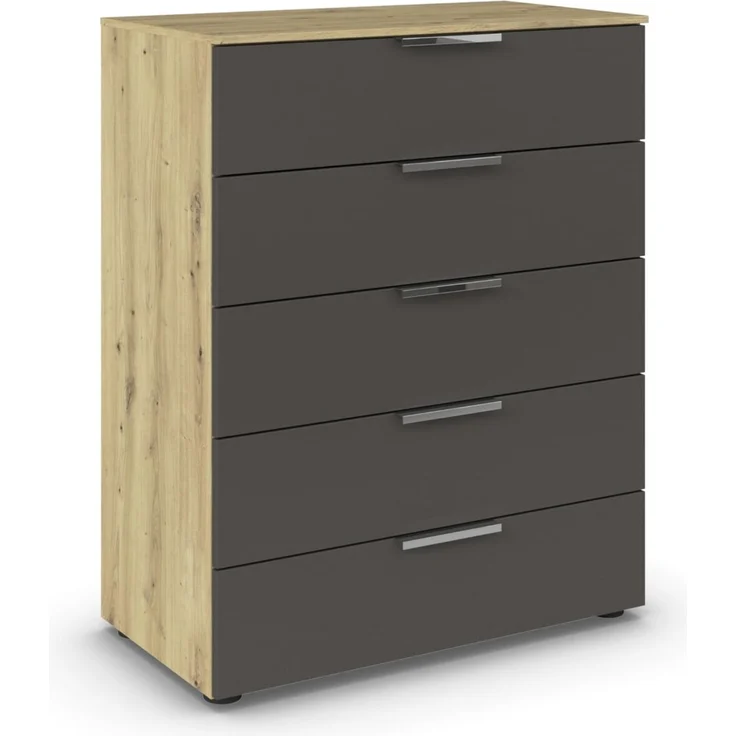 Rauch Möbel Flipp, Kommode für Schlafzimmer, Kinderzimmer, Wohnzimmer, Jugendzimmer, Flur, Garderobe, 5 Schubladen, mit Softclose Funktion, Farbe Eiche Artisan, Holz/Graphit, Schwarz, Breite 80 cm