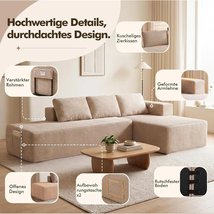 COMHOMA Ecksofa mit Schlaffunktion, 255cm Corduroy Modulares Boneless Couch mit Chaiselongue & Rücken-Metallgestell, L-Form Schlafsofa mit offenem Design, Kissen & Seitentaschen,für Wohnzimmer, Beige-L – Bild 4