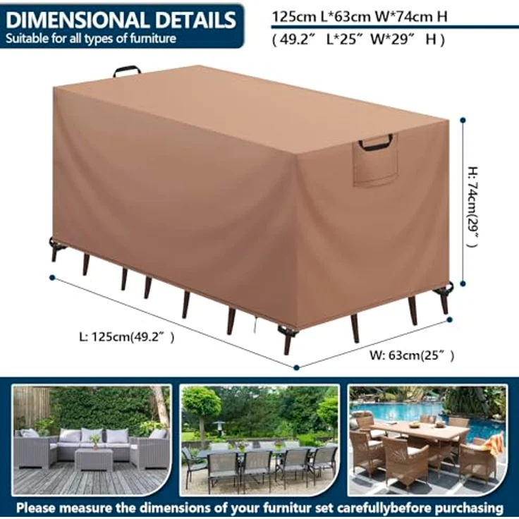 Aujink Abdeckung Gartenmöbel Winterfest, Wasserdichte Schutzhülle Gartenmöbel 420D Oxford Anti-UV Abdeckplane für Gartentische Terrassenmöbel Regenschutz und Staubfest Abdeckhaube Khaki 125 x 63 x 74 cm – Bild 3