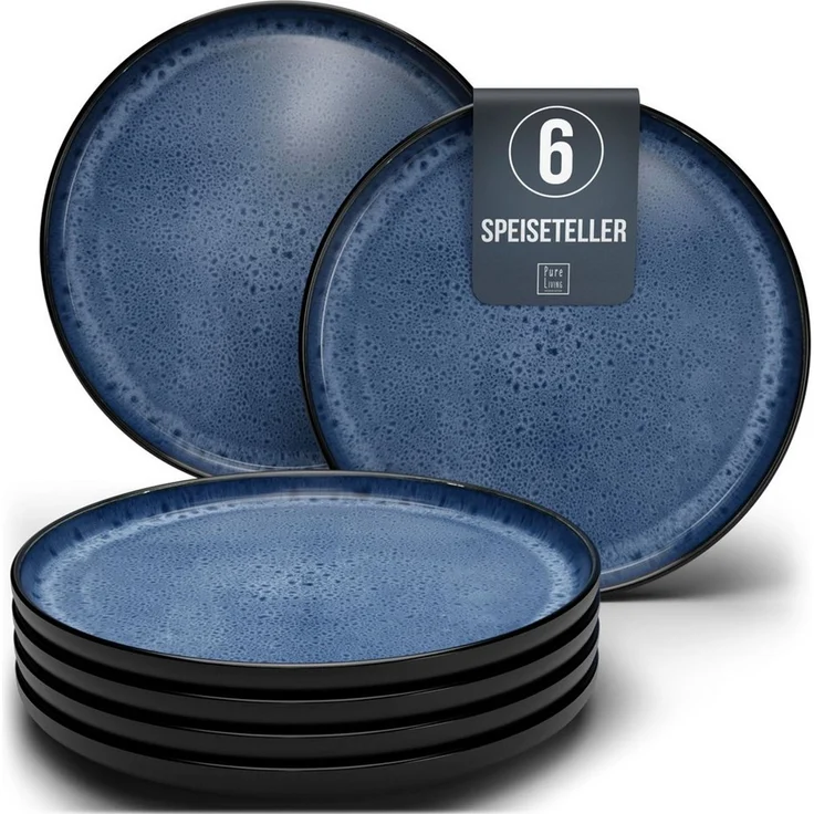 Steingut Teller groß 6 Pers. Ibiza Hochwertiges Mediterranes TEST SEHR GUT Steingut Speiseteller Set - Spülmaschinen-, Mikrowellen- und Kratzfest - Stylisches Essteller Set - Pure Living in Tiefblau – Bild 1