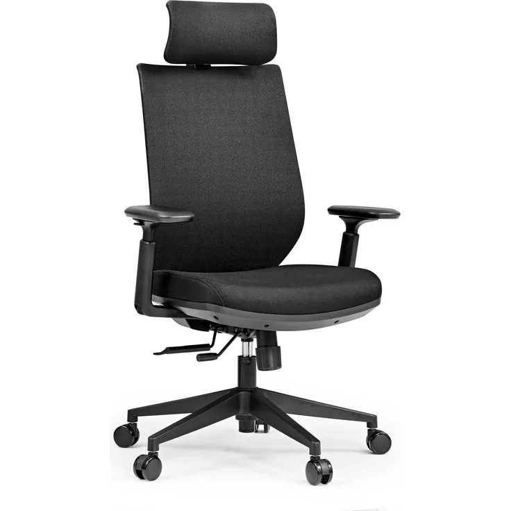 hjh OFFICE Profi Chefsessel Profondo F – Ergonomischer Stoff-Bürostuhl mit 3D Kopfstütze, 4D Armlehnen, Verstellbarer Sitztiefe & Lordosenstütze, Schwarz