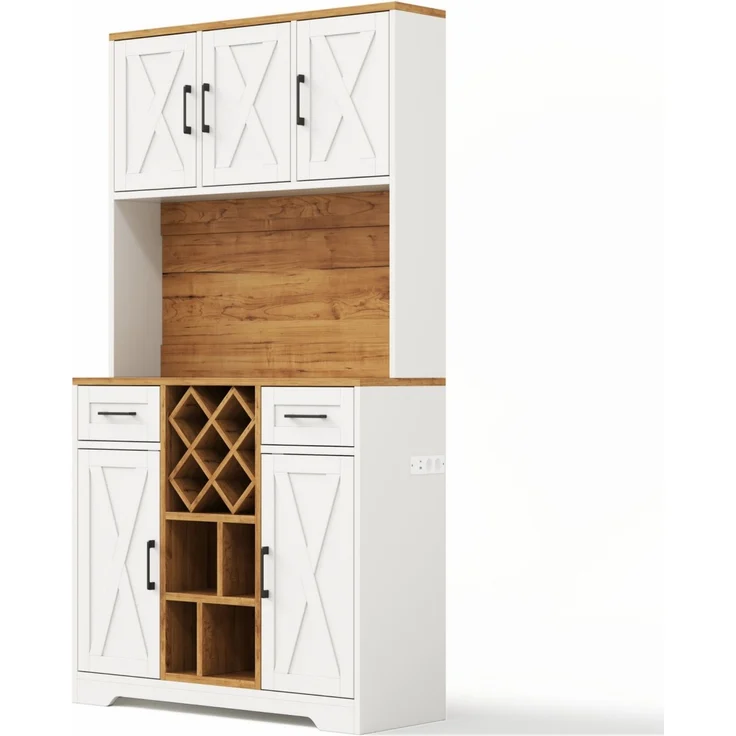 Küchenschrank, hoher Stauraumschrank mit LED-Beleuchtung, Vorratsschrank mit Weinregalen, Weinschrank & Vitrinenschrank für Wohnzimmer und Esszimmer, 180 × 105 × 40 cm--Natur + Weiß2--105x40x180cm--YOUDENOVA – Bild 9