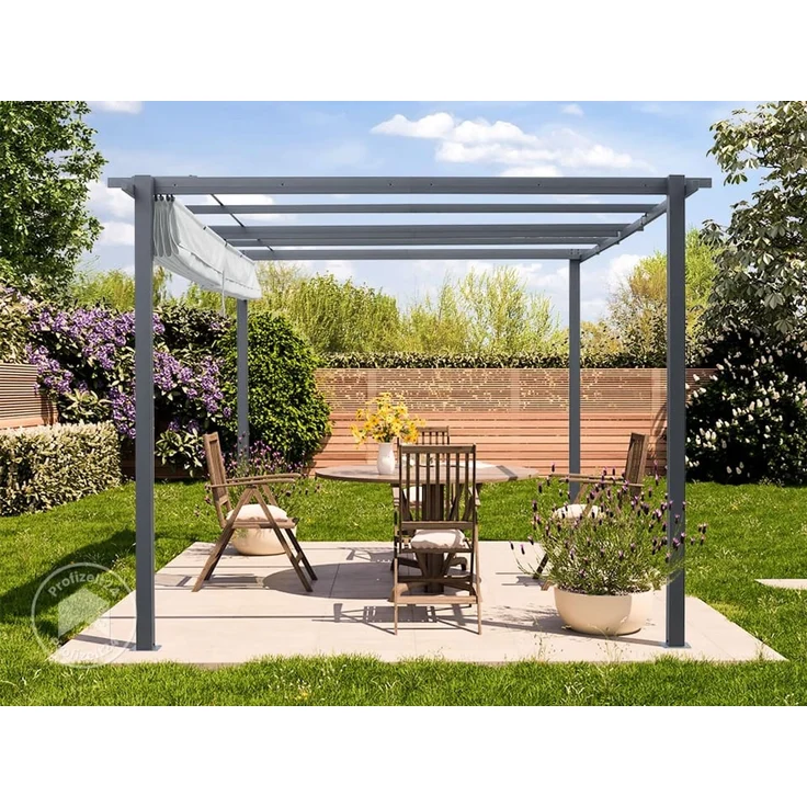 PRIMEYARD Pergola 3x4 m Terrassenüberdachung mit grauem Schiebedach Stahlrahmen – Bild 5