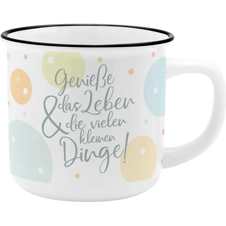GRUSS & CO Becher Motiv Genieße | New Bone China Porzellan, Emaille-Optik, 35 cl | Geschenk lustig, fürs Osternest | 73932