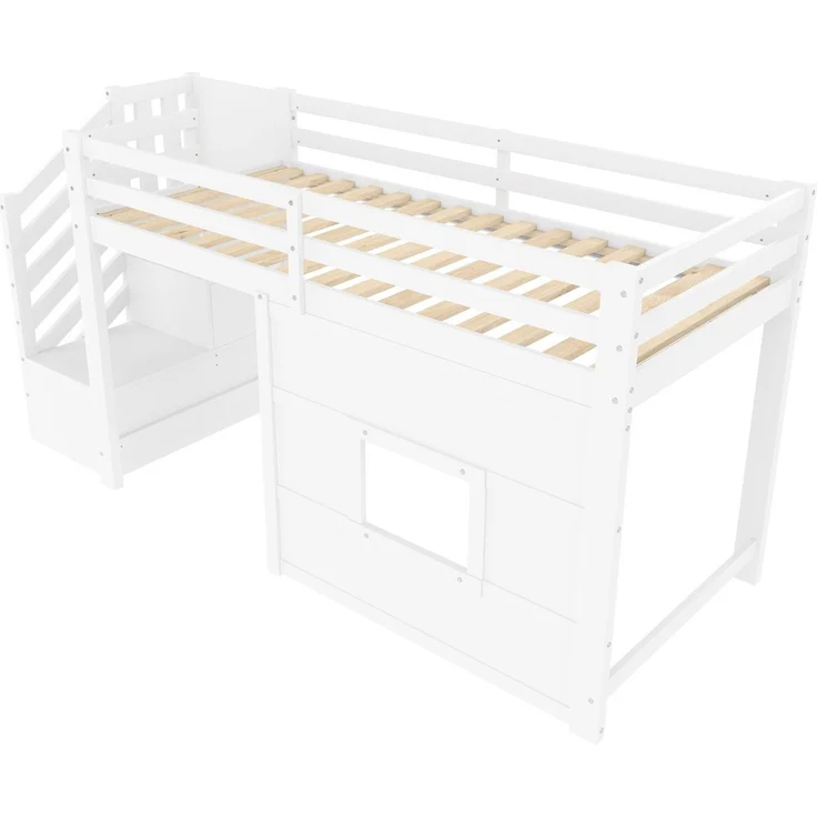 Hochbett mit Lattenrost und LED-Beleuchtung, 90x200 cm, Treppe mit Regal, Kinderbett mit Rausfallschutz, Spielbett, Kiefer – Bild 8