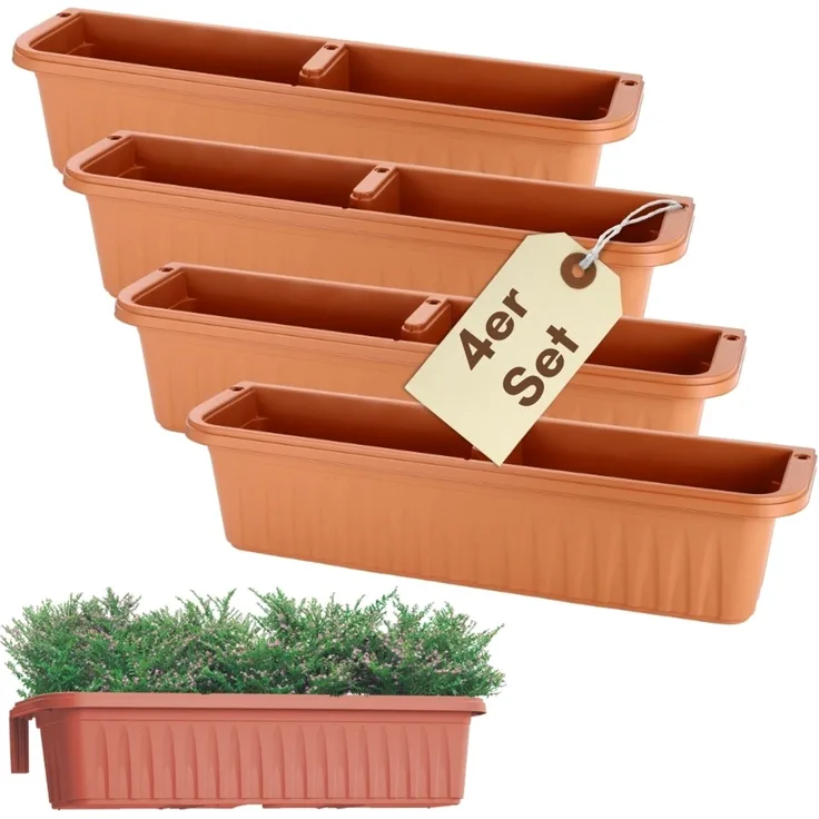 4er Set Blumenkasten Balkon Terracotta 80 cm Balkonkasten mit Halterung Pflanzkasten mit Wasserspeicher Blumenkasten Balkongeländer Geländerkasten ohne Bohren