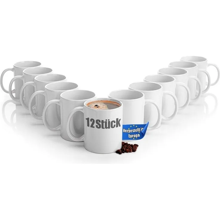 BigDean 12 Stück große Kaffeebecher weiß 300ml spülmaschinenfest aus hochwertigem Porzellan - Tassen zum Bemalen - Kaffeepott Glühweinbecher Kaffeetasse weiß - Kaffeetassen Set groß