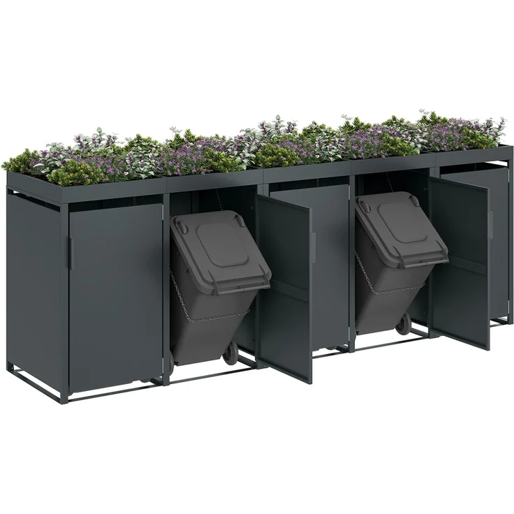 STEELSØN 'Thoria' Mülltonnenbox 5er je 120 Liter, anthrazit, Mülltonnenverkleidung aus Stahl, wetterfest, 111x62x294,5 cm, Müllbox mit Pflanzendach für 5 Tonnen – Bild 12
