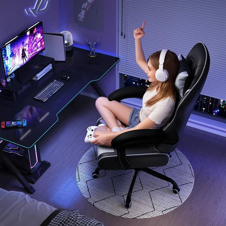 JUMMICO Gaming Stuhl mit Massagefunktion, Bürostuhl Ergonomisch 150kg, Gamer Stuhl mit 50 cm Extrabreites Sitzkissen, Weiß Schwarz – Bild 2