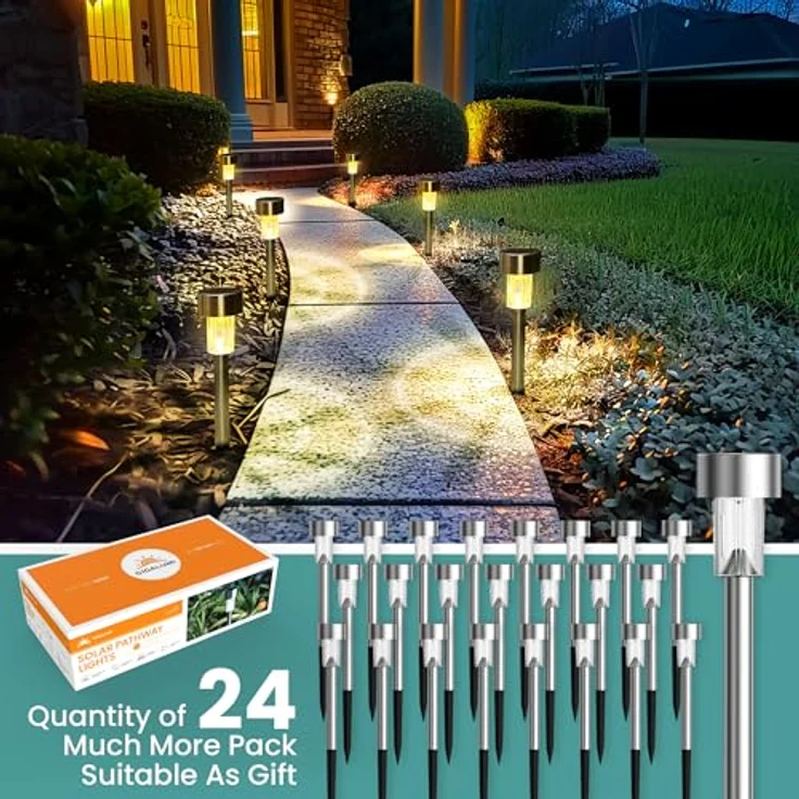 GIGALUMI Solarlampen für außen, 24 Stück, wasserdichte Solar Gartenleuchten in Warmweiß, automatisch EIN/AUS, Edelstahl, für Garten, Balkon, Terrasse, Rasen, Wege – Bild 5