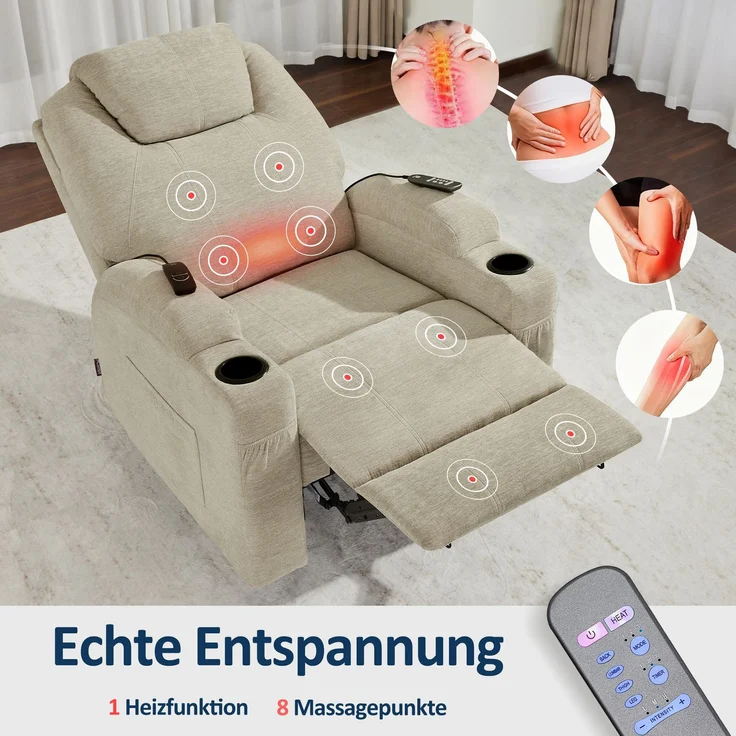 M MCombo Elektrisch Relaxsessel Massagesessel Fernsehsessel Liegefunktion Vibration Heizung 7061 neues Modell (Beige-Stoff) – Bild 6