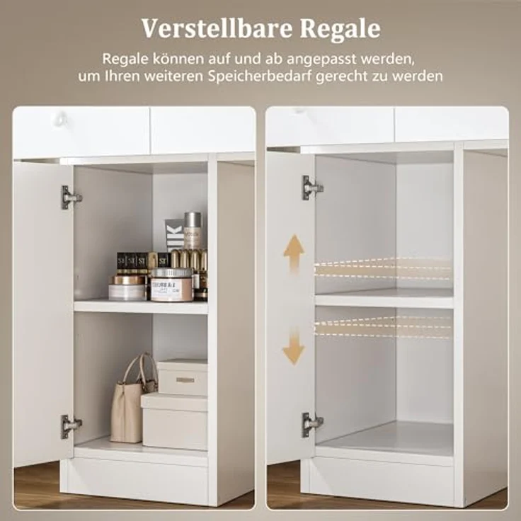 Jocoevol Schminktisch mit Spiegel und LED Beleuchtung,Steckdosenleiste,3 Farbtöne und Dimmbare Helligkeit, Kosmetiktisch mit 2 Schubladen und Aufbewahrungsschrank, Schminktisch für Schlafzimmer (Weiß) – Bild 9