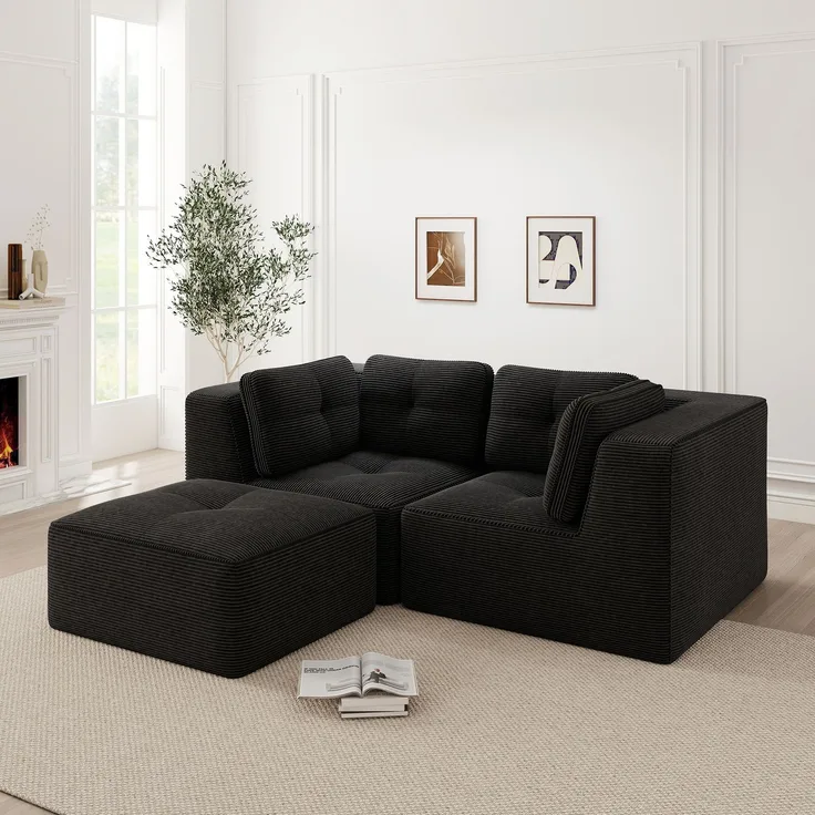 EINHOM Modulares und konfigurierbares Ecksofa, zweisitziges, rahmenloses L-förmiges Sofa mit beweglicher Fußstütze, bequemer Cordstoff, geeignet für Wohn- und Schlafzimmer, Schwarz