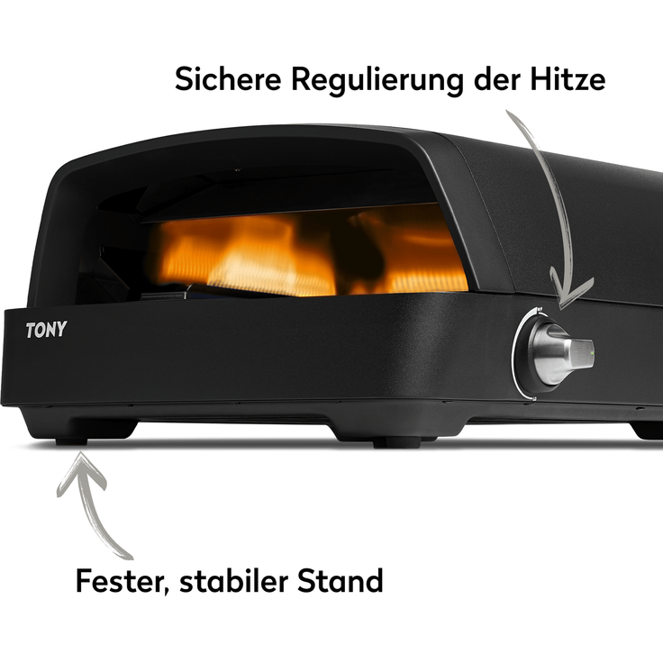 BURNHARD® Gas Pizzaofen - Tony inkl. Hitzeschild, 450 °C, Tragbarer 5,9 kW Outdoor Ofen für Pizza (58,5 x 47,7 x 24,8 cm) inkl. Cordierit-Pizzastein - Schwarz - #946555 – Bild 4