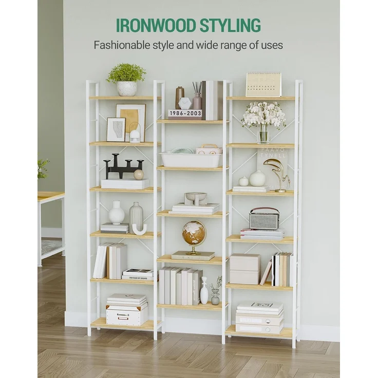 Bücherregale, Standregale, Regal mit 17 Fachböden, 6 Etagen, Verstellbarer Abstand, 24 x 152 x 186 cm, Tragfähigkeit 340 kg, Wohnzimmer, Büro, Weißeiche und Weiß – Bild 4
