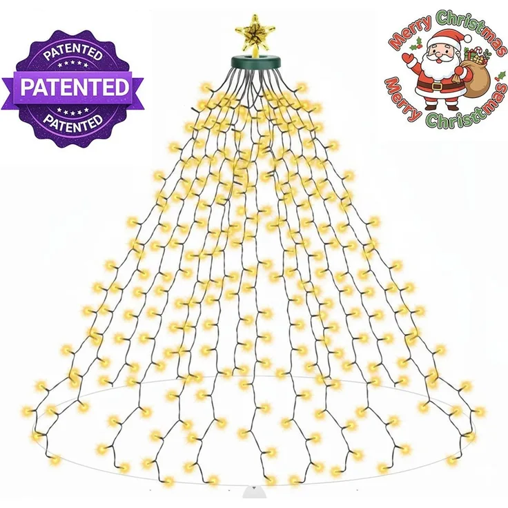 SERBASIC LED-Lichterkette Weihnachtsbaum,Christbaumbeleuchtung mit Ring und Stern,Timer 8 Modi, 16 Stränge, Speicher, für Außen Innen, 150cm bis 220cm Tannenbaum