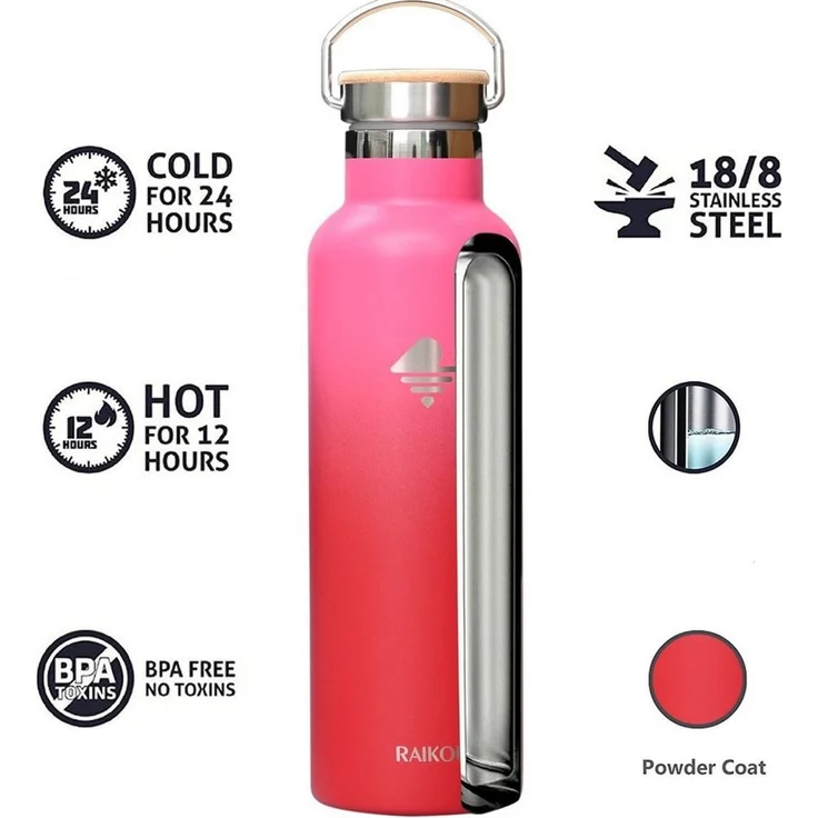 RAIKOU Isolierflasche Edelstahl Trinkflasche Vakuumisolierte Wasserflasche Thermoflasche, bis zu 12H heiß / 24H kalt,mit 2 Deckel,350ml/500ml/750ml/1000ml – Bild 3