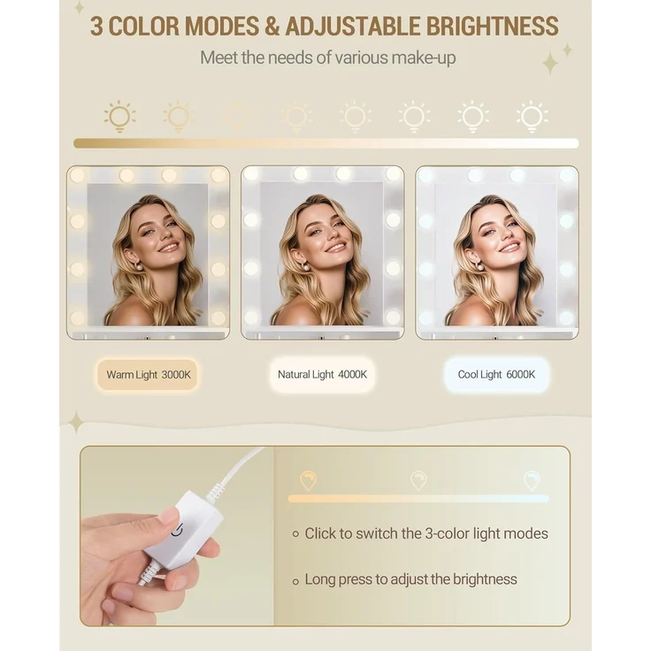 Großer Schminktisch mit LED-Beleuchtung, 10 LED-Lichtkugeln, 3 Farben, einstellbare Helligkeit, Schminktisch mit Spiegel, 9 Schubladen, 9 offenen Ablagen, moderner Stil, Weiß-Gold – Bild 5