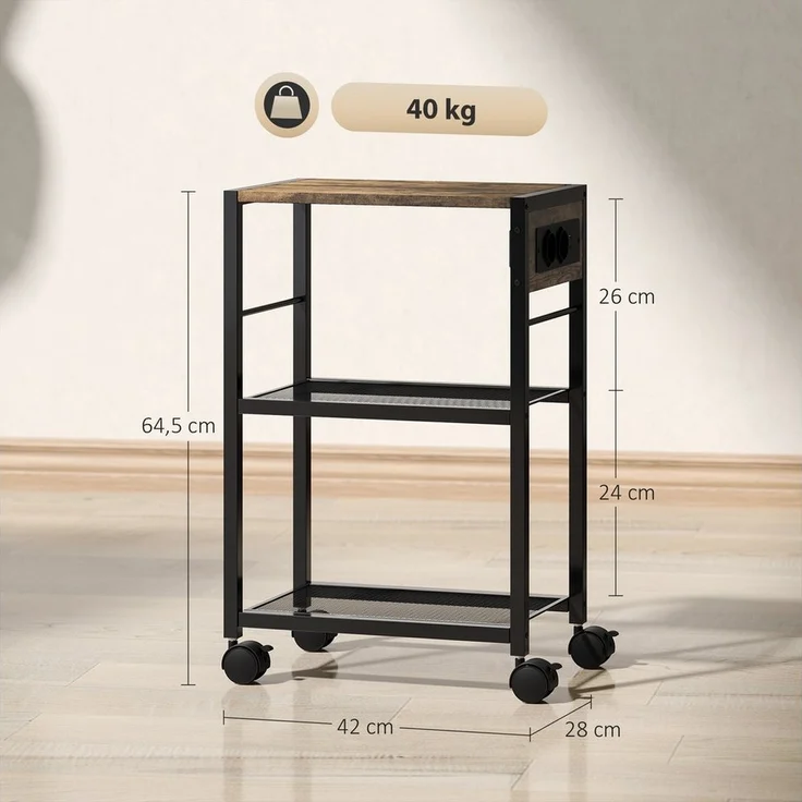 HOMCOM Aktenschrank mit Rollen, Steckdosen, USB- und USB-C-Anschlüsse (Druckeregal, 1-St, Druckerständer) bis 40 kg, für Büro Arbeitszimmer 42 x 28 x 64,5 cm Rustikalbraun – Bild 2