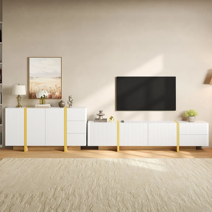 TV Lowboard Sideboard Set Wohnzimmermöbel Rillenfront Stauraumschrank Medienkonsole Schrankkombination aus PB und MDF--Weiß--190x35x45cm--YOUDENOVA – Bild 1