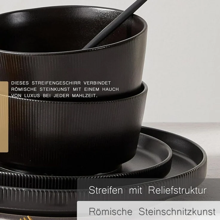 JIWOO Geschirr-Set 12tlg Kombiservice Teller-Set Tafelservice Schüssel-Set Speiseteller (12-tlg), 4 Personen, Keramik, Hochwertiges Geschirr set Schwarz Mikrowellen spülmaschinenfest – Bild 3