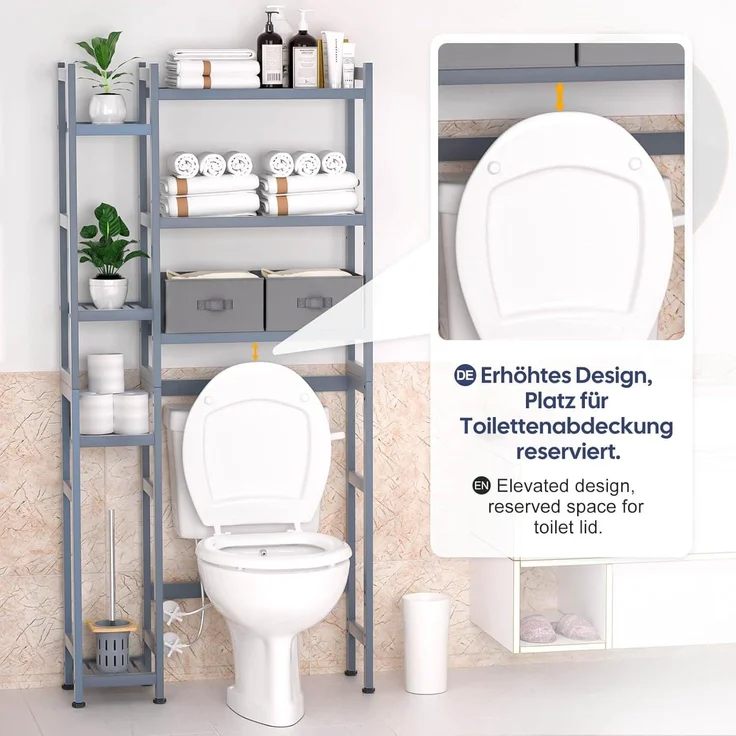 Yorbay Badregal Toilettenregal aus Bambus, Weiß WC Regal Badregal 79x23,3x166 cm, mit 2 Körben, mi 7 Ablagen, Multifunktional, Badezimmerregal, Verstellbar Badregal – Bild 4