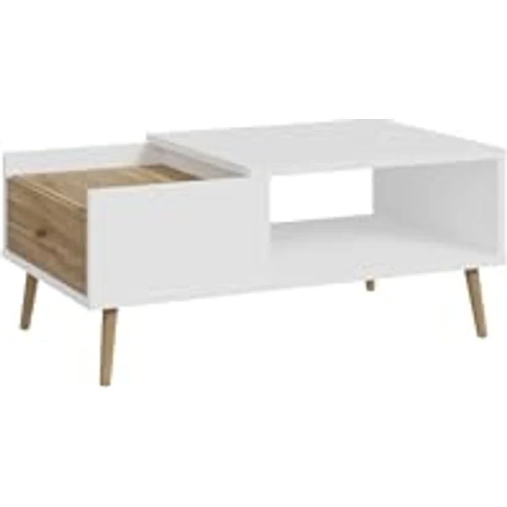 Forte HARLLSON, einfache Montage Dank EasyKlix by Couchtisch Weiß mit Holzdekor: Mauvella Eiche Wohnzimmertisch mit Schublade, Modern Mid Century Stil, 106 cm breit x 45 cm hoch x 60 cm tief – Bild 5
