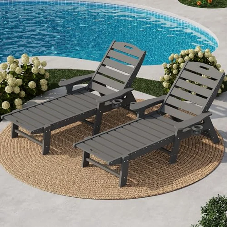 GarveeHome Wetterfeste Gartenliege Aus HDPE, Sonnenliege Mit Verstellbarer Rückenlehne Und Getränkehalter, Lange Poolliege, Für Pool, Strand Und Garten, 150x60x98cm (1 Stück) – Bild 1