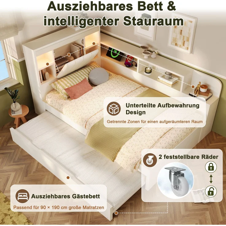 Tagesbett 140x190 cm mit Ausziehbett, Stauraum, Leseleuchten und USB-Anschlüssen – Weiß (ohne Matratze) – Bild 8