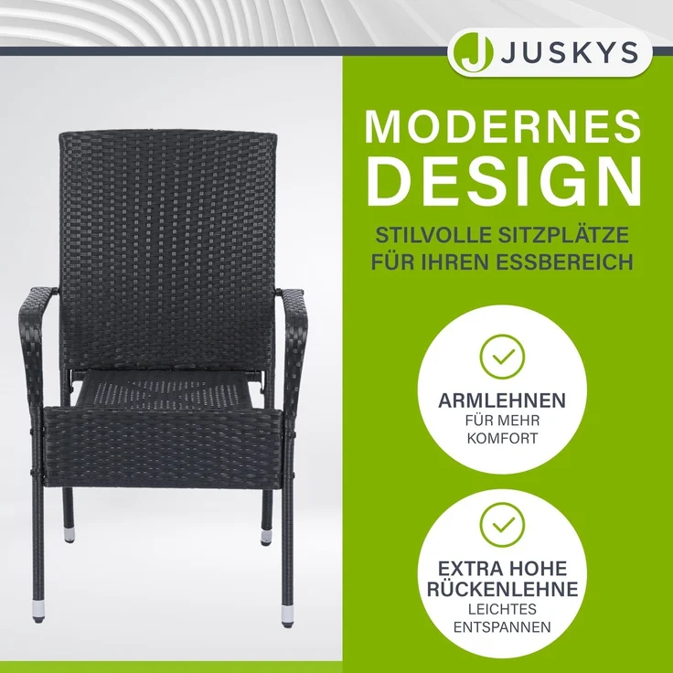 Juskys Polyrattan Gartenstühle Yoro 2er Set - mit Armlehnen & Rückenlehne - 2 Stühle stapelbar - Rattan Stuhl Garten - Stapelstuhl Schwarz – Bild 3