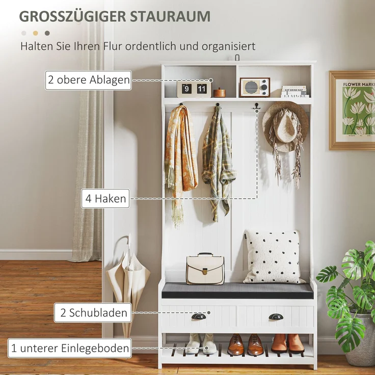 Faumrta 2-in-1 Garderobenständer, Kleiderständer mit 4 Haken, Garderobe mit Schuhbank und Ablagen, Jackenständer mit Kippschutz, für Eingangsbereich, Flur, Schlafzimmer, Weiß+Grau89CM*42CM*172CMWeißMDF (Medium-Density-Faserplatte) – Bild 4