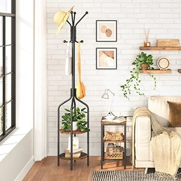 HOOBRO Garderobenständer, Garderobe mit 2 runden Ablagen, Kleiderständer mit 8 Haken, 183 cm Hoch, Industrie-Stil, Stahlgestell, multifunktional, für Kleidung, Schals, Hüte, Taschen EBF81YM01 – Bild 2