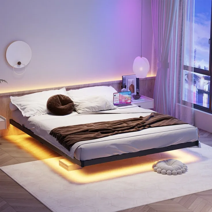 Homerecommend Schwebebettrahmen Metallbett 140x190 cm, für Schlafzimmer & Jugendzimmer, mit LED-Beleuchtung & integrierter Ladestation (1 Steckdose, 2 USB), Vintage Schwarz