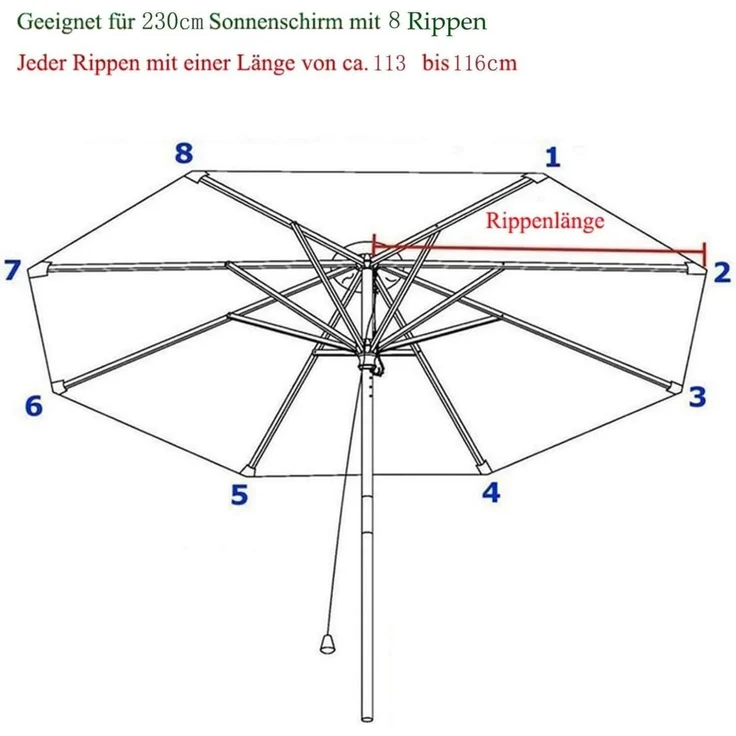 Sonnenschirm Ersatzbezug 3m 2m 250cm UV80 230 cm 8 streben Schwarz – Bild 2