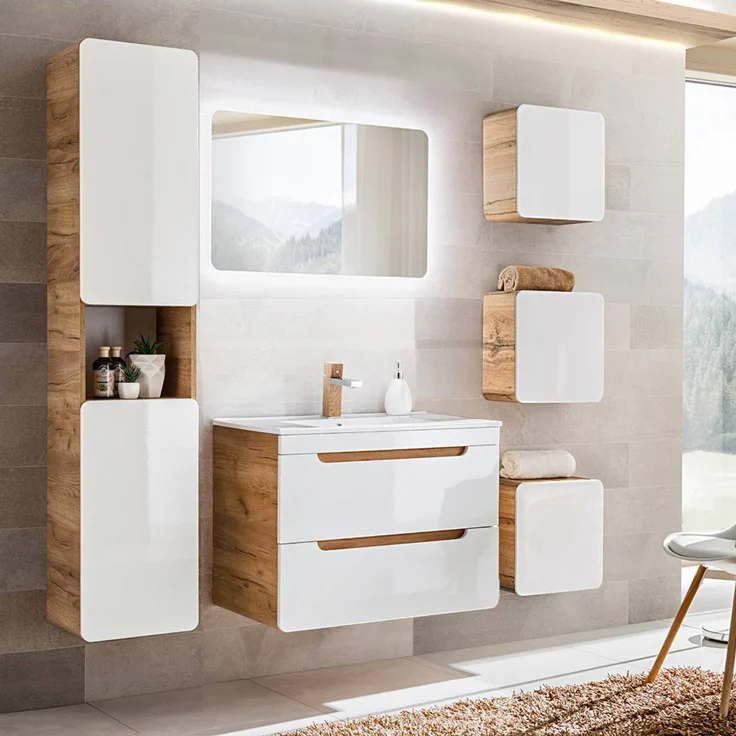 Badmöbel Komplett-Set mit 81 cm Keramik-Waschtisch & LED-Spiegel LUTON-56 Hochglanz weiß mit Wotan Eiche Nb, B/H/T ca. 180/200/46 cm – Bild 1
