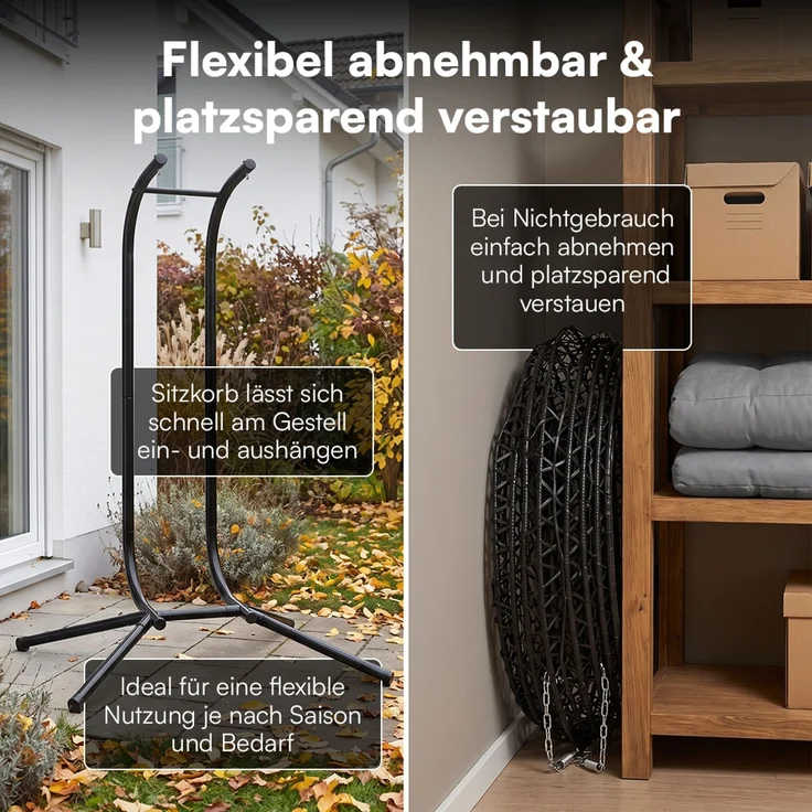STEELSØN 'Sarin' Doppelhängesessel mit Metallgestell, höhenverstellbar und faltbar, wetterfest, Polyrattan, dunkelgrau/schwarz, bis 220 kg belastbar, inkl. Kissen – Bild 8