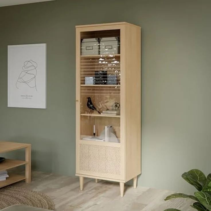 Forte CALASETTA Vitrine 60, Boho-Vitrinenschrank mit Rattangeflecht, 1-türig, Holzwerkstoff, Elegancia Eiche | Technorattan, 60,4 cm breit x 198,5 cm hoch x 41,4 cm tief – Bild 3