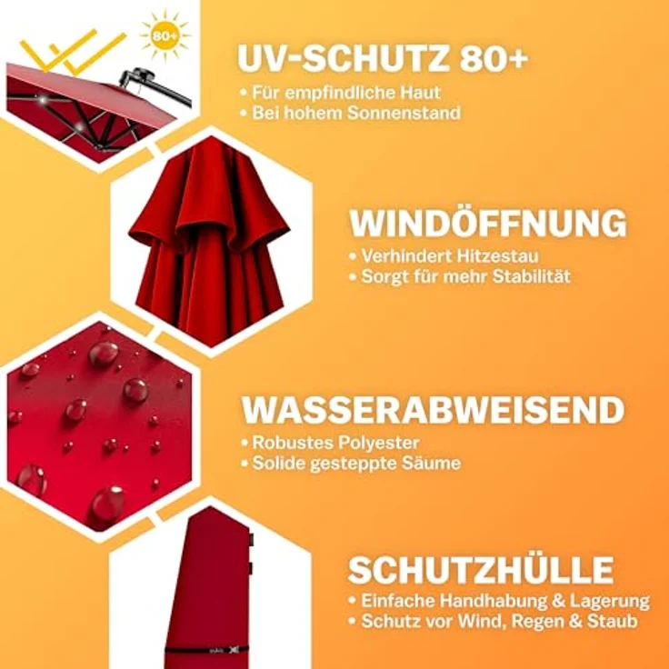 Kingsleeve Sonnenschirm 300 cm LED Beleuchtet UV Schutz 80+ Schutzhülle Kurbel Ampelschirm Rot – Bild 8