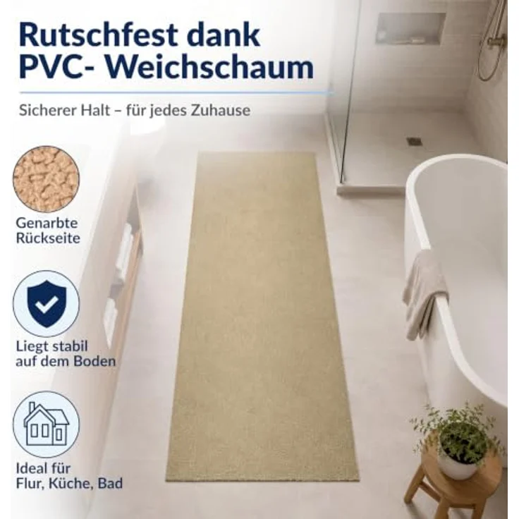 ANRO Badematte AquaComfort Mikrofaser Schlingen-Badläufer, 60x100 cm, beige, rutschhemmend, schnelltrocknend, zuschneidbar, Fußbodenheizung geeignet – Bild 3