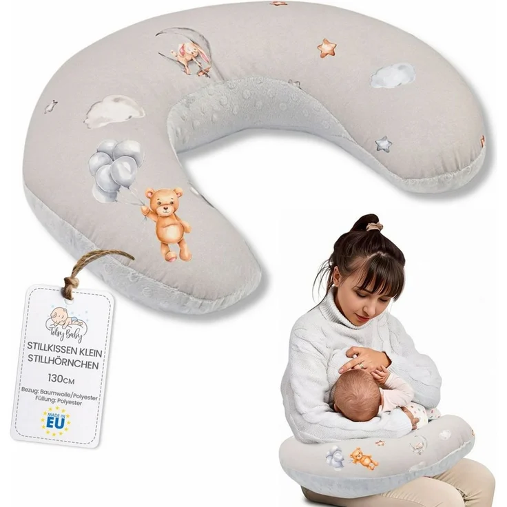 Totsy Baby Stillkissen klein Mond Minky 130 cm - Nursing und Breastfeeding Pillow Stillmond Stützkissen Stillhörnchen kleines Still Kissen und Lagerungskissen beim Stillen Oeko-Tex Teddybären – Bild 1