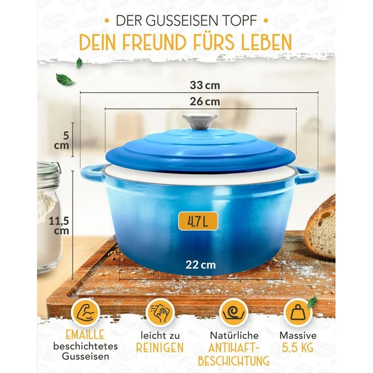 Krustenzauber Kasserolle Gusseisen Topf als Kochtopf, Schmortopf oder Brotbackform – Bild 3
