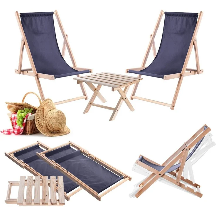 KADAX Set aus natürlichem Couchtisch für Liegestühle + 2 Liegestühlen aus Holz, Marineblau – Bild 1