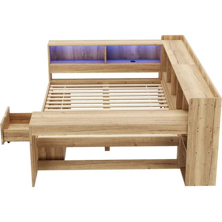 Merax Kinderbett, 140x200 cm Daybett, Tagesbett, Stauraumbett mit LED-Beleuchtung, USB Ladeanschlüsse und Schreibtisch, mit Regale & Schubladen, Naturfarbe – Bild 9