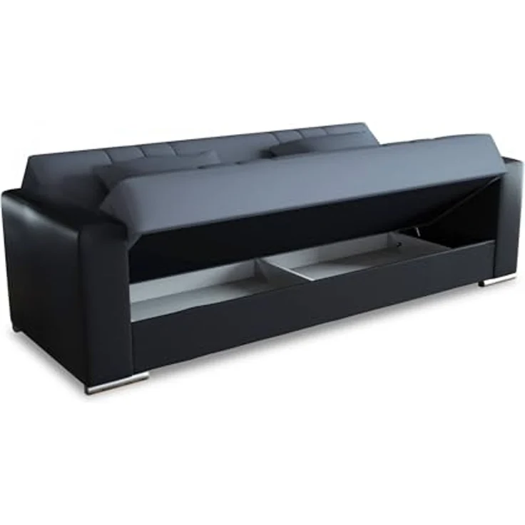 Dmora - 3-Sitzer Schlafsofa Sergio, Sofa mit Stauraum aus Öko-Leder und Stoff, Sofa mit Klick-Klack-Öffnung und 2 Kissen, 230 x 96 x 101 cm, Schwarz und Grau – Bild 5