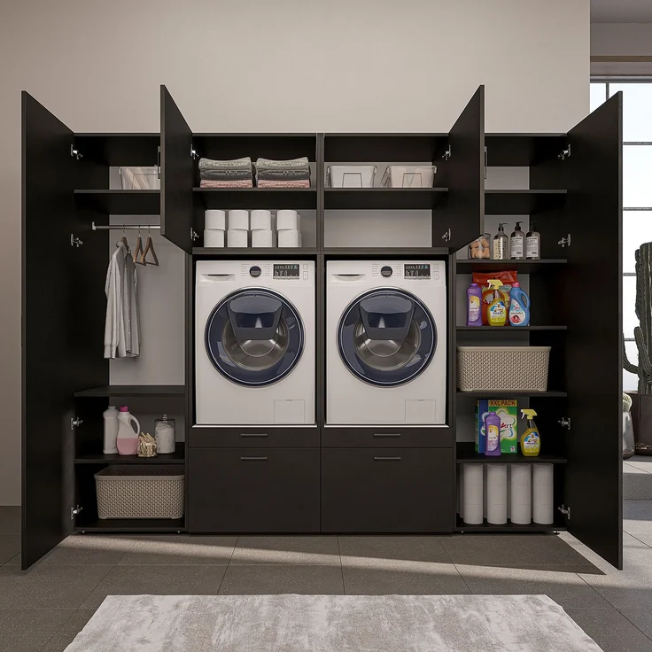 Roomart Waschmaschinenschrank SERIE-III Schrankwand 254 cm – 2 Geräte, Soft-Close | • Schwarz-Eiche – Bild 8