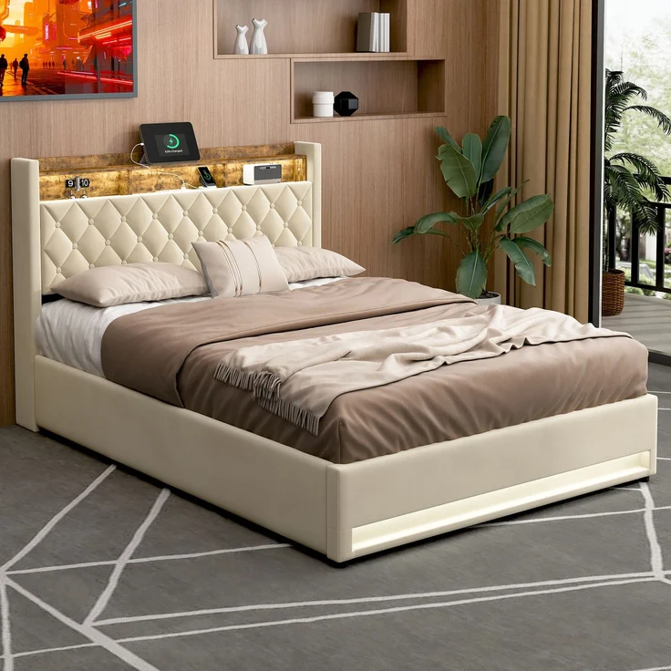 Luxuriöses Polsterbett 160x200 cm, Beige Samt, hochelastische Polsterung, Lattenrost & Matratze inkl. – Bild 5