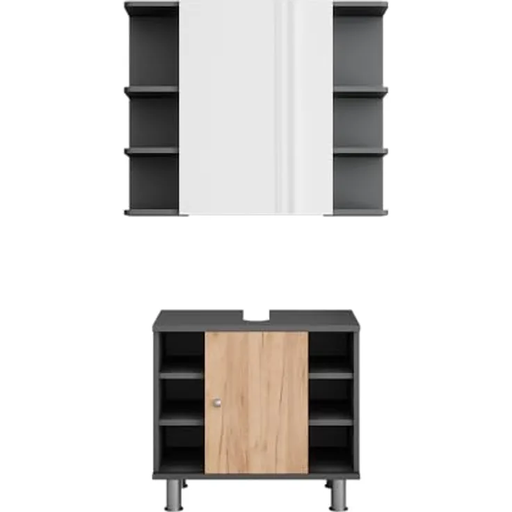 Vichy Badmöbelset Fynn, Waschbeckenunterschrank und Spiegelschrank in Anthrazit/Goldkraft Eiche, 2 Teile